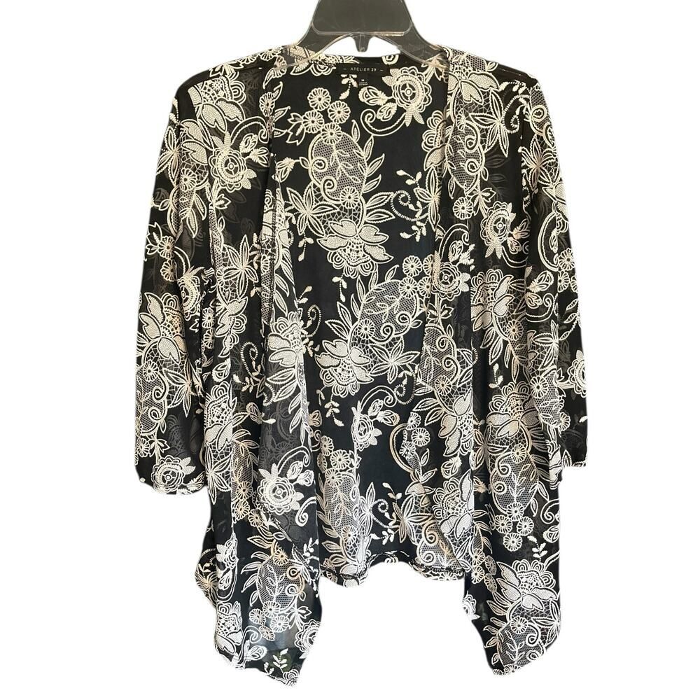 Atelier 29 Black Sheer Open Front Cardigan w/ White Floral Pattern Size Medium